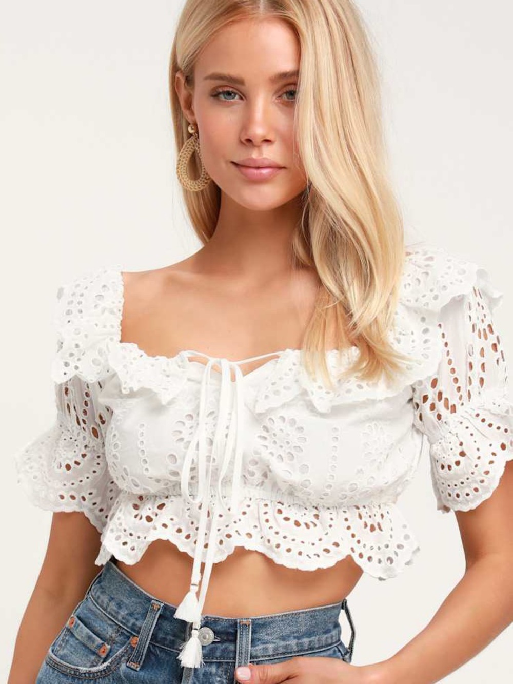 Honey Punch Sweet Songs Eyelet Off-The-Shoulder Crop Top- Size XS